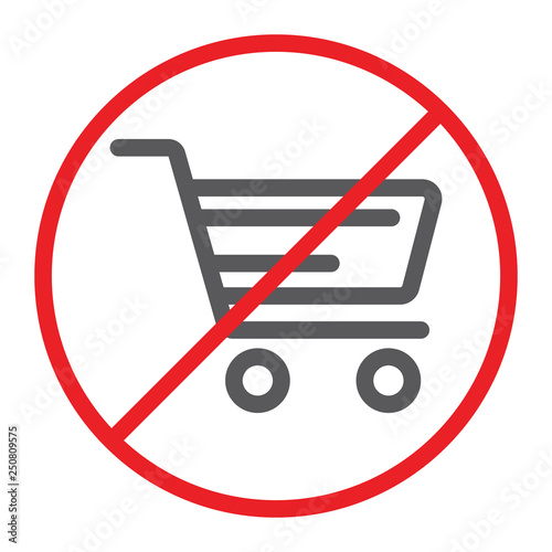 No shopping cart line icon, prohibited and forbidden, no shopping trolley sign, vector graphics, a linear pattern on a white background.