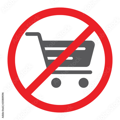 No shopping cart glyph icon, prohibited and forbidden, no shopping trolley sign, vector graphics, a solid pattern on a white background.