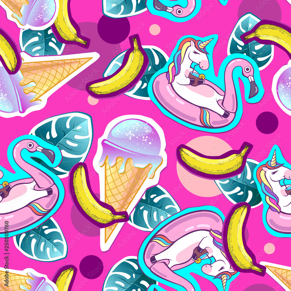 Summer seamless pattern with unicorn and ice cream. Zine Culture style summer background