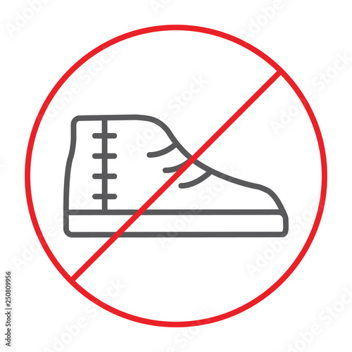 No footwear thin line icon, prohibited and forbidden, no shoes sign, vector graphics, a linear pattern on a white background.