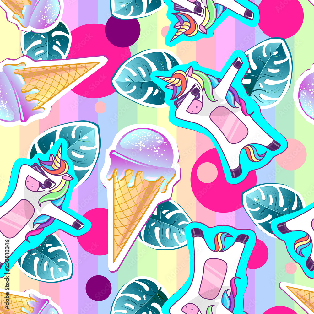 Summer seamless pattern with unicorn and ice cream. Zine Culture style summer background Summer seamless pattern with unicorn and ice cream. Zine Culture style summer background