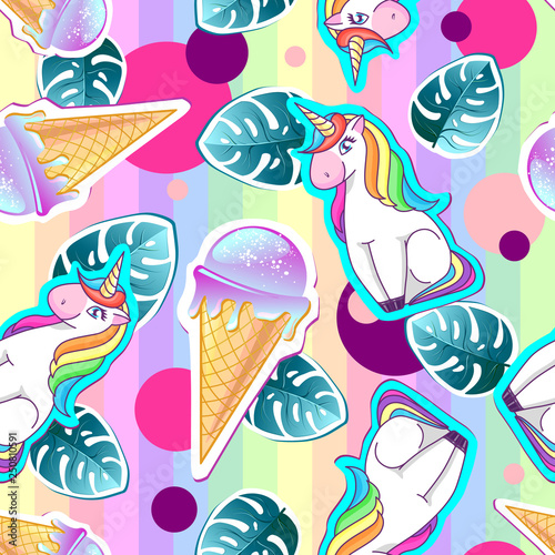 Summer seamless pattern with unicorn and ice cream. Zine Culture style summer background