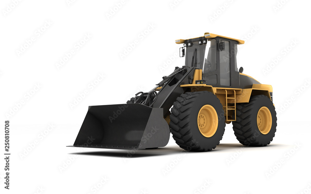 Powerful yellow wheel hydraulic bulldozer with black bucket isolated on white. 3D illustration. Perspective. Front view. Left side. Powerful yellow wheel hydraulic bulldozer with black bucket isolated on white. 3D illustration. Perspective. Front view. Left side.