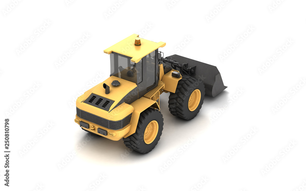 Isometric projection of powerful yellow hydraulic bulldozer with black bucket isolated on white. 3D illustration. Perspective. High angle. Rear view. Right side.