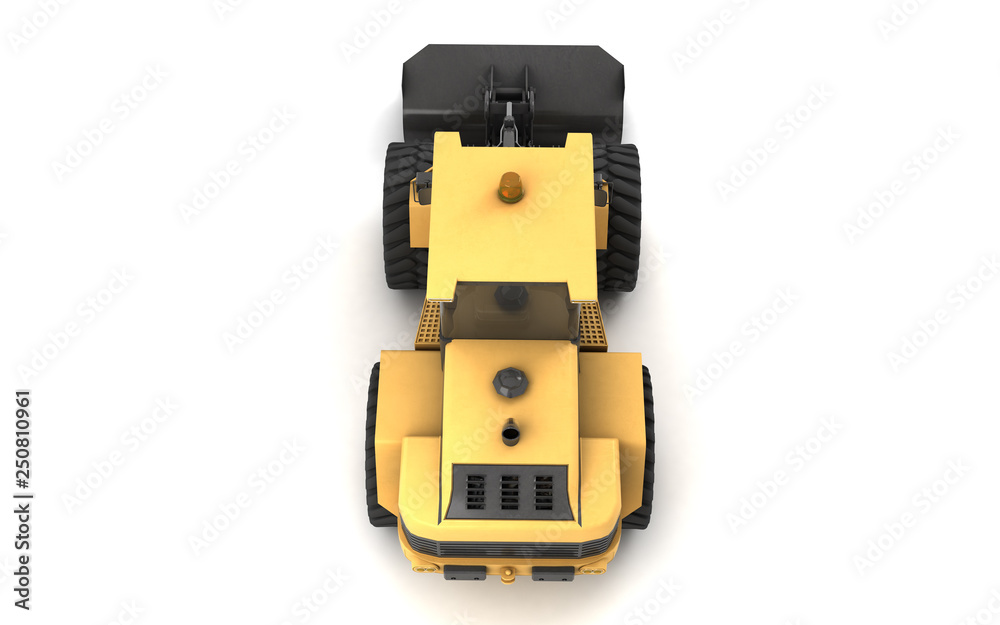 Fototapeta premium Powerful yellow hydraulic bulldozer with black bucket isolated on white. 3D illustration. Top view. Directly above. Rear view. High angle.