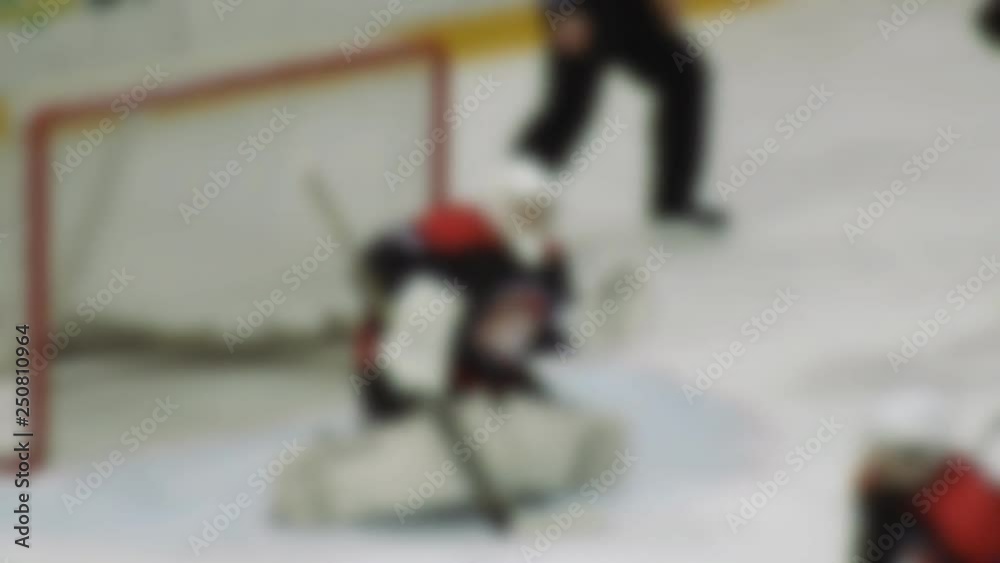 The game of hockey goalkeeper protects the gate from attack, blurred, slow motion, background The game of hockey goalkeeper protects the gate from attack, blurred, slow motion, background