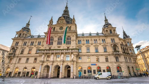 Town hall in graz city austria hyperlapse timelapse video in 4k. Graz city centre square.