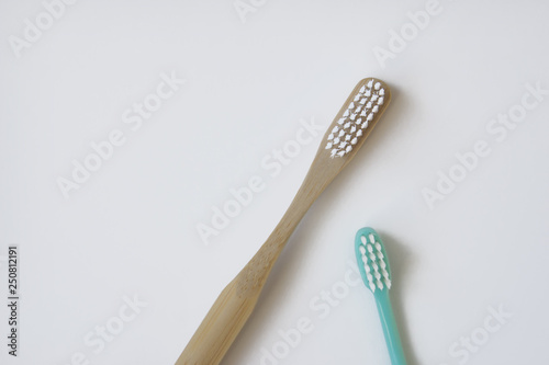 natural bamboo toothbrush versus plastic blue brush