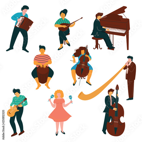 Male and Female Musicians Characters set, People Playing on Classic and Modern Instruments Vector Illustration