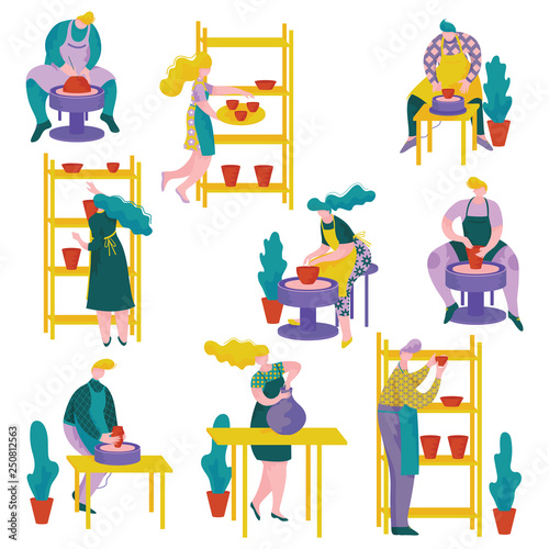Ceramists People set, Man and Woman Working on Crockery and Ceramics at Pottery Workshop, Craft Hobby or Profession Vector Illustration