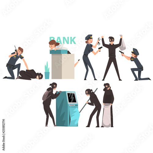 Bank Robbery Set, Armed Masked Burglars Stealing Money from ATM, Police Arresting Criminals Vector Illustration
