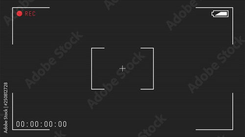 Video camera viewfinder overlay. 16:9 full hd format of frame template. Camera frame vector template. White lines and text, rec icon with timing on black background with scanlines. 