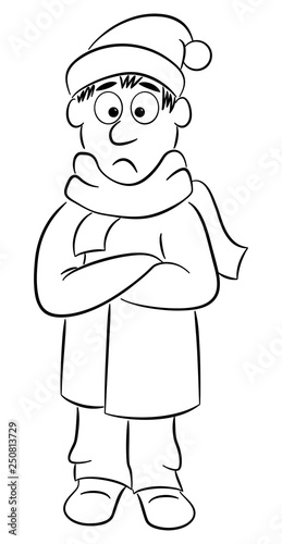 man with a thick coat, a scarf and a cap that freezes