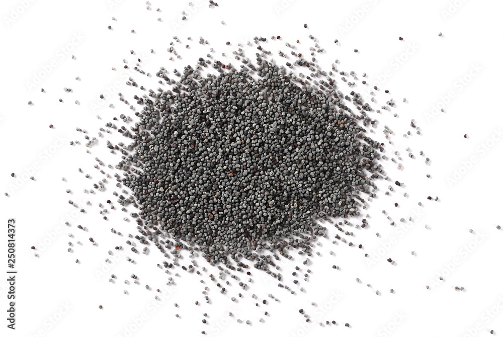 Blue poppy seeds macro isolated on white background and texture, top view Blue poppy seeds macro isolated on white background and texture, top view