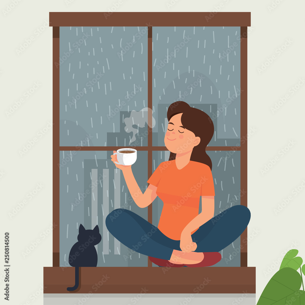 vector illustration of a girl drink tea/coffee near a window while rain outside. A girl drink/enjoy tea with her cat. girl sitting on a window drink tea/coffee