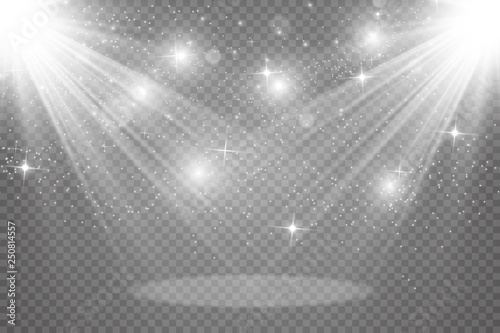Special lens flash, light effect. The flash flashes rays and searchlight. illust.White glowing light. Beautiful star Light from the rays. The sun is backlit. Bright beautiful star. Sunlight. Glare.