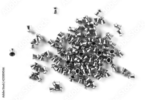 Lead pellets for air rifle isolated on white background and texture, top view