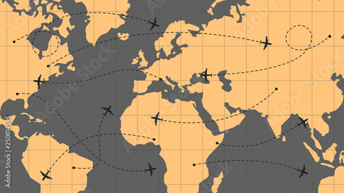 World map with airline routes, silhouette of world map with icons of airplanes, international flights, dotted line air path. Vector illustration