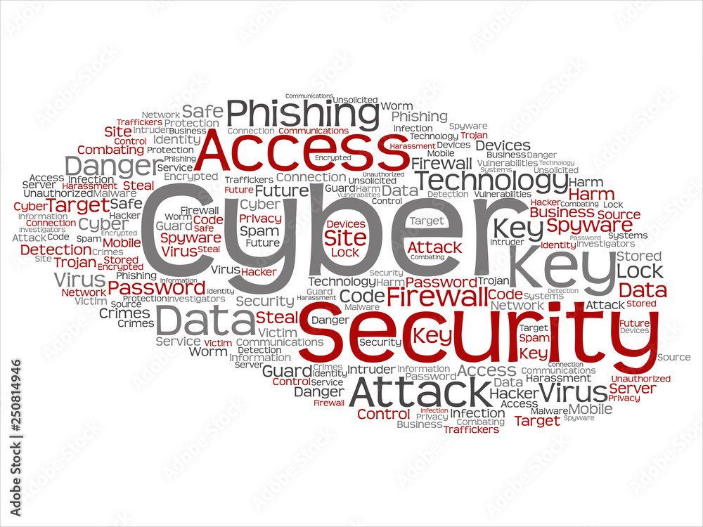 Obraz premium Vector concept or conceptual cyber security access technology abstract word cloud isolated background. Collage of phishing, key virus, data attack, crime, firewall password, harm, spam protection text
