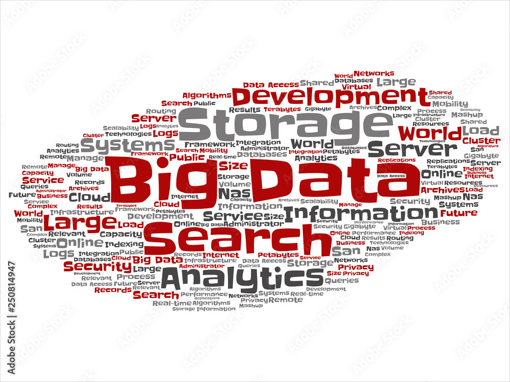 Vector concept or conceptual big data large size storage systems abstract word cloud isolated background. Collage of search analytics world information, nas development, future internet mobility text
