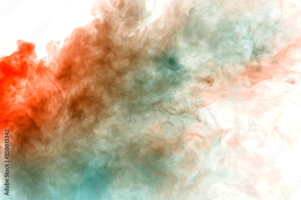 Fototapeta premium Colorful steam exhaled from the vape with a smooth transition of color molecules from yellow to blue on a white background like a collision of two jets of smoke.