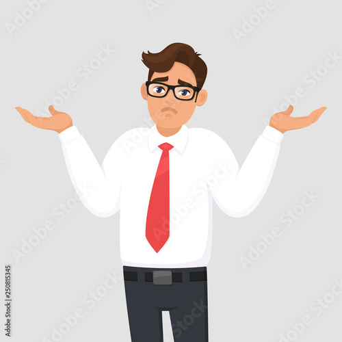 Oops. Sorry. I don't know. Portrait of confused young businessman shrugging shoulders, shows helpless question gesture, spread his hands, he does not know what to do, concept illustration in cartoon.