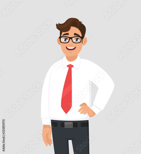 Portrait of confident handsome young businessman in white shirt and red tie, standing against gray/grey background. Human emotion and businessman concept illustration in vector cartoon flat style.