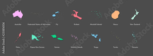 Vector illustration set with simplified maps of all Oceania states (countries: Australia, Micronesia, Fiji, Marshall islands and others). Colorful silhouettes, dark grey background. Alphabet order