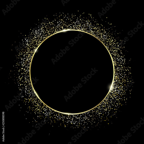 Gold round frame and Glitter. Glowing particles