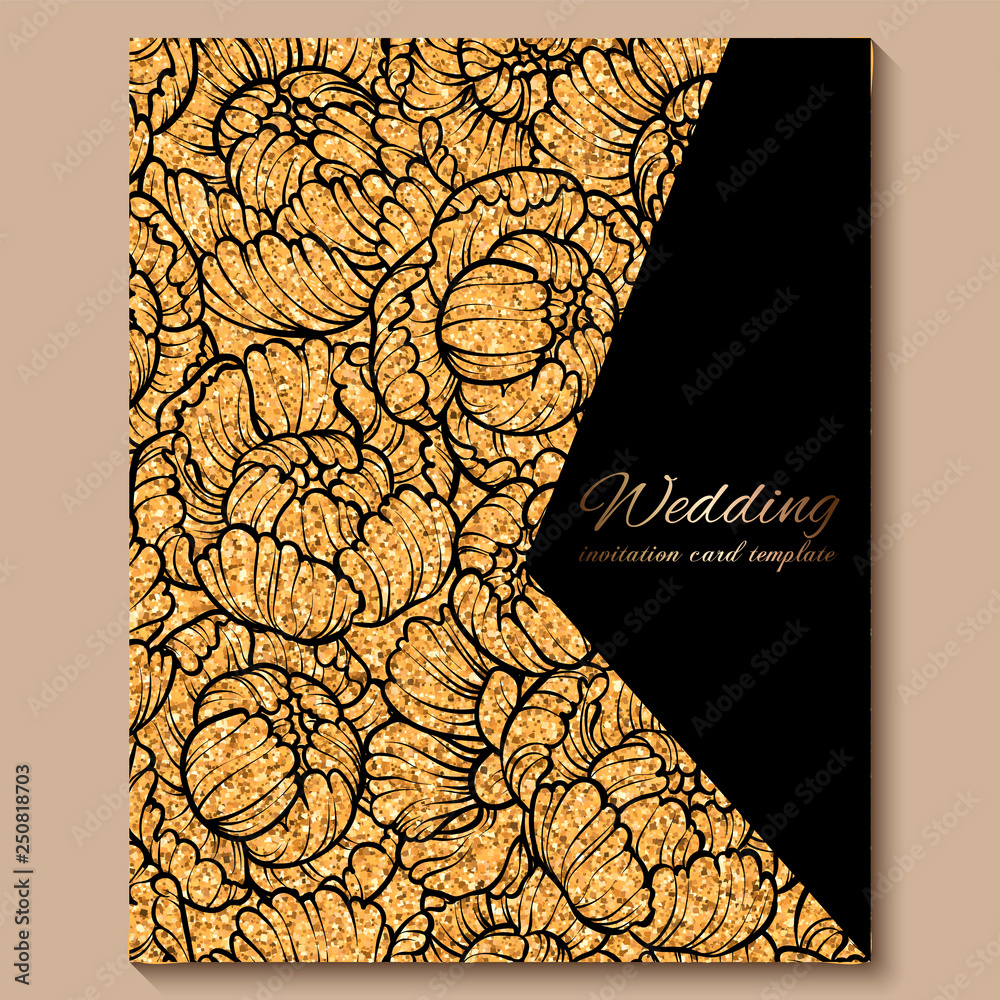 Antique royal luxury wedding invitation card, golden glitter background  with frame and place for text, black lacy foliage made of roses or peonies  Stock Vector | Adobe Stock