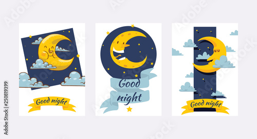 Cartoon moon vector moonlight star character in night sky illustration background childish yellow moony cloud set backdrop moonlit bedtime banner