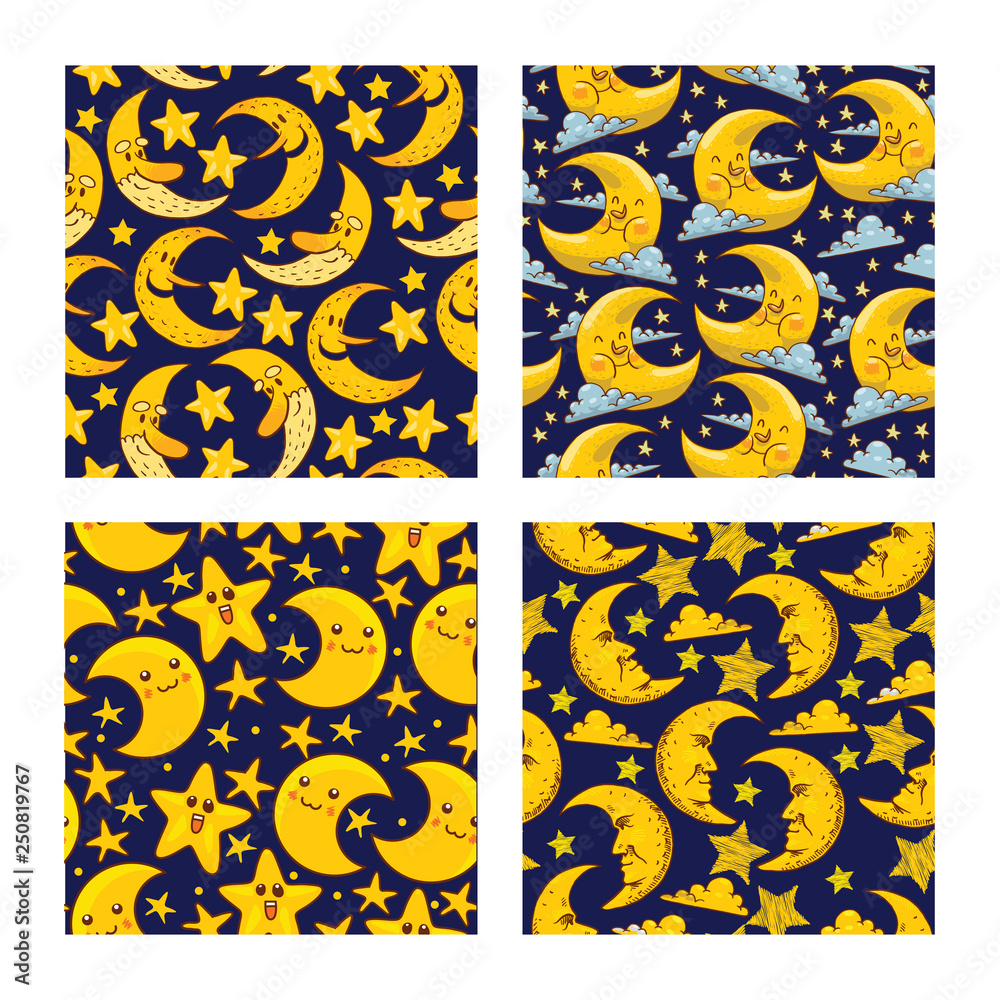 Cartoon moon seamless pattern vector moonlight star character in night sky illustration background childish yellow moony cloud backdrop moonlit banner Cartoon moon seamless pattern vector moonlight star character in night sky illustration background childish yellow moony cloud backdrop moonlit banner