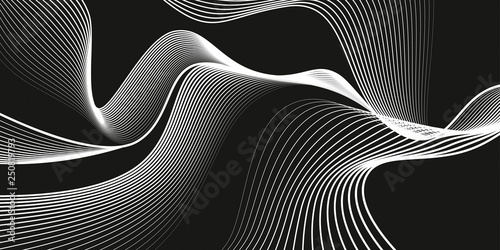 Waves of white lines. Monochrome background, black backdrop, abstract dark wallpaper, vector design 