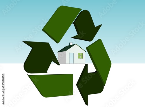 3D illustration. House in the middle of recycle symbol