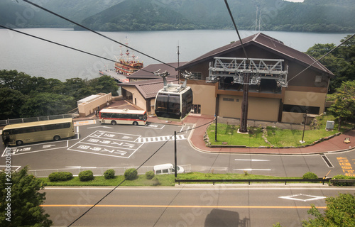 Hakone Ropeway cable car travelling to Owakudani valley at Hakone, Japan.