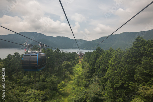 Hakone Ropeway cable car travelling to Owakudani valley at Hakone, Japan.
