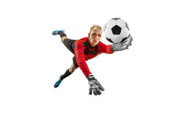 Male soccer player goalkeeper catching ball in jump. Silhouette of fit man with ball isolated on white studio background