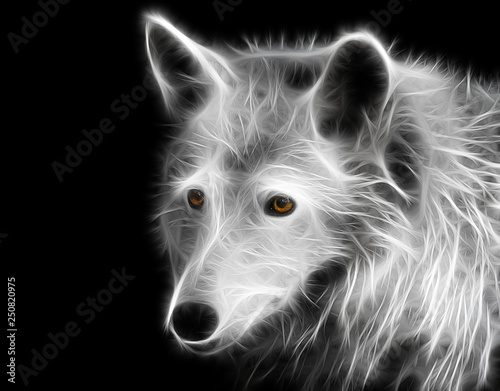Fractal portrait of a young wolf with yellow eyes on a contrasting black background
