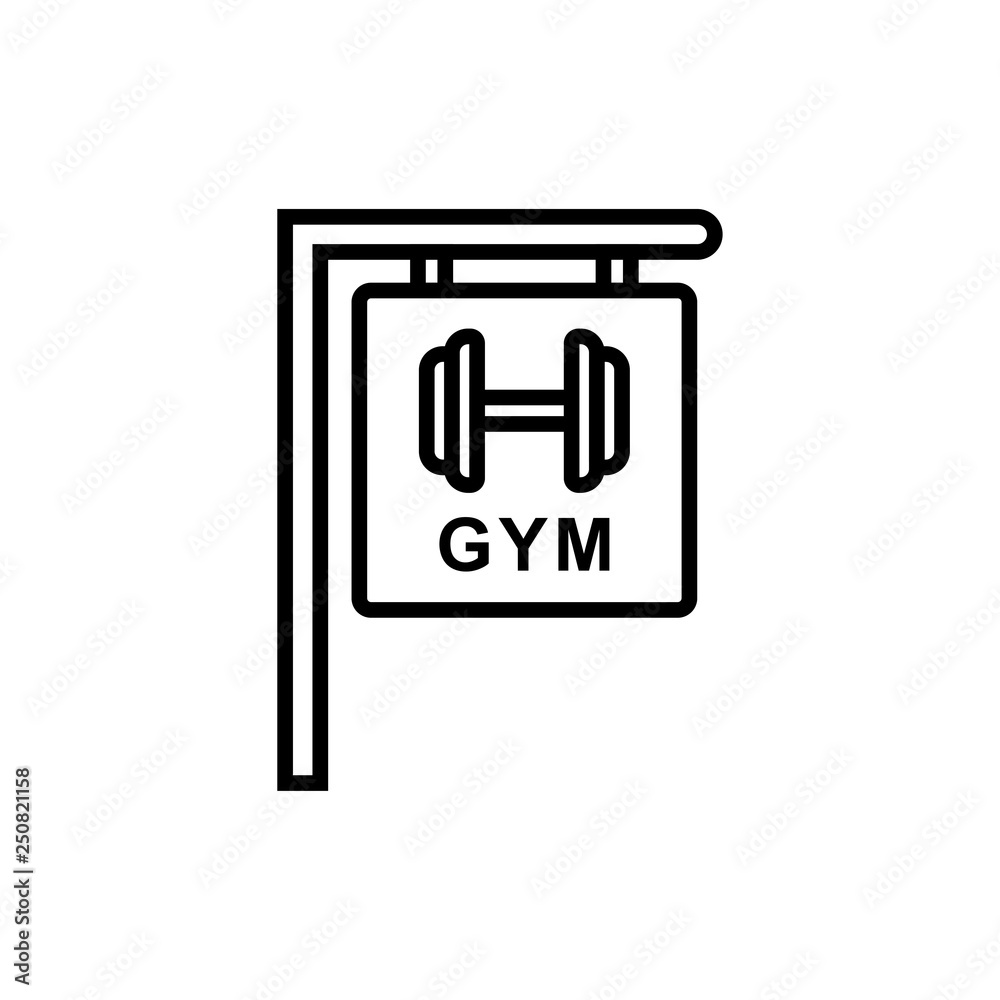 gym fitness center sign icon. hanging board with dumbbell symbol and text for bodybuilder place illustration. simple monoline vector graphic. gym fitness center sign icon. hanging board with dumbbell symbol and text for bodybuilder place illustration. simple monoline vector graphic.