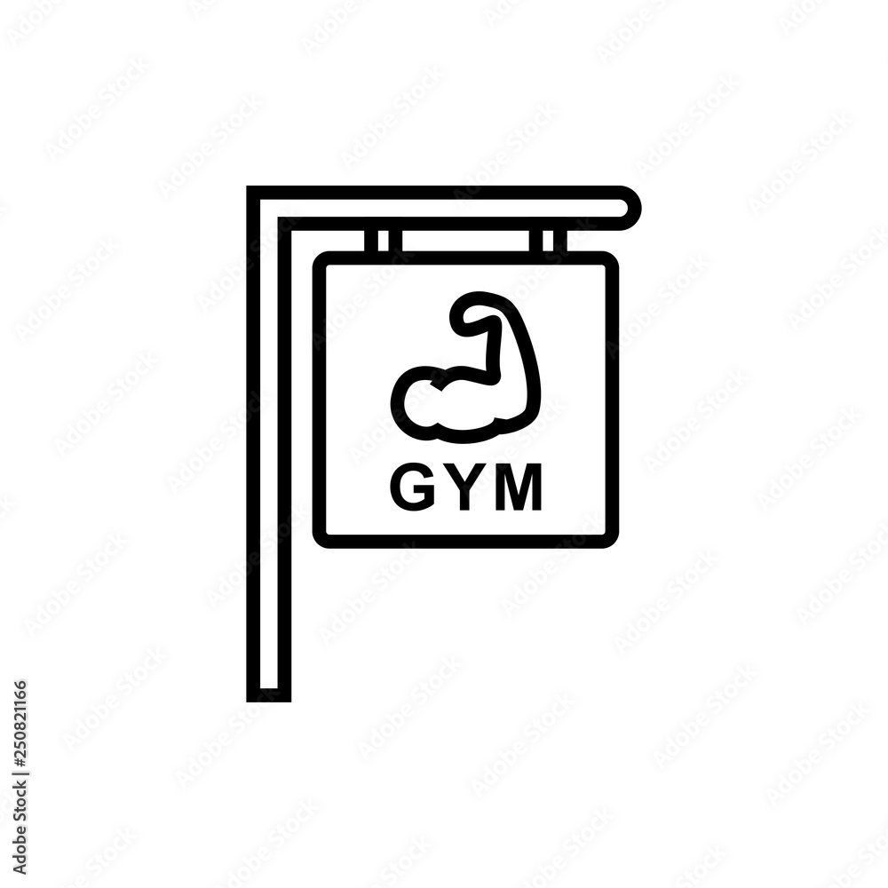 gym fitness center sign icon. hanging board with hand muscle symbol and text for bodybuilder place illustration. simple monoline vector graphic. gym fitness center sign icon. hanging board with hand muscle symbol and text for bodybuilder place illustration. simple monoline vector graphic.