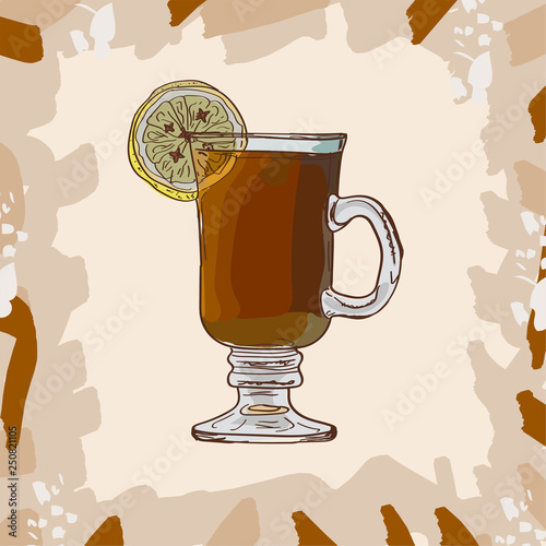 Hot Toddy classic warm cocktail illustration. Alcoholic warm bar drink hand drawn vector. Pop art menu image item.