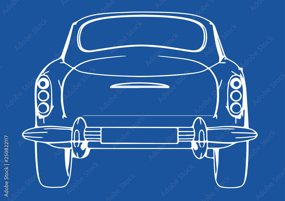 drawing of a retro car on a blue background vector