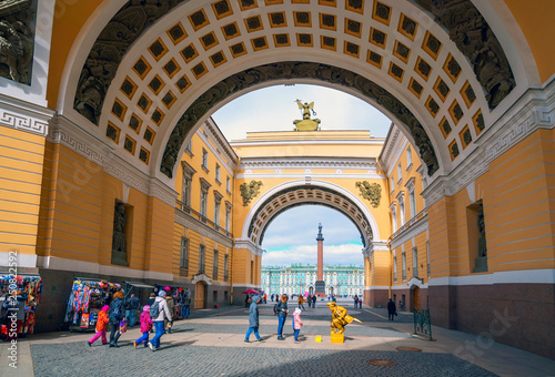 Saint-Petersburg. View through the arc de Triomphe of the General Staff of the Palace square and the Winter Palace . © amarinchenko106