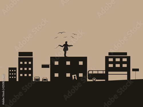 Buildings, vehicles, birds and maestro on the street. Vector