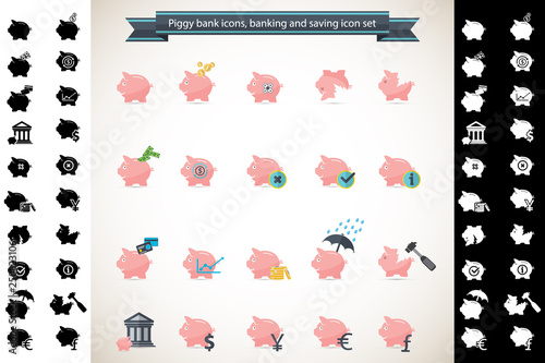 Piggy bank icons, banking and saving icon set