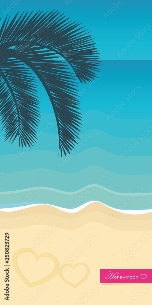 honeymoon on a tropical beach with palm tree leaf and turquoise water vector illustration EPS10