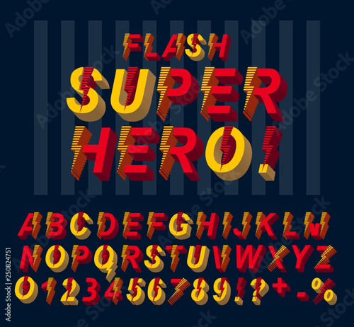 Super hero flash font. 3D alphabet letters and numbers in a comics style.