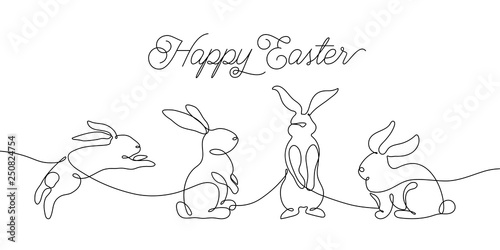 Easter bunny greeting card in simple one line style. Rabbit icon. Black and white minimal concept vector illustration