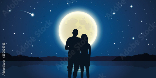 romantic night couple in love at the sea with full moon and falling stars vector illustration EPS10