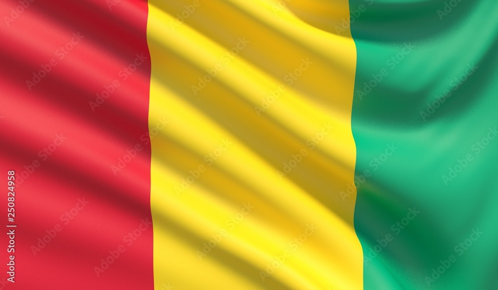 Flag of Guinea. Waved highly detailed fabric texture. 3D illustration. Flag of Guinea. Waved highly detailed fabric texture. 3D illustration.